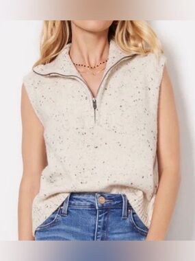 JOHN + JENN Sleeveless Ivory Speckled Quarter-Zip Sweater Vest - Size XS